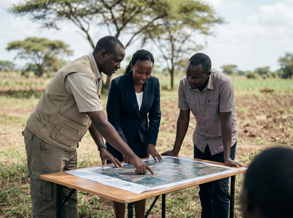 A field officer and a colleague in business attire reading a printed map together outdoors.